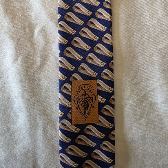 Gucci 100% Silk Men’s Tie Blue Beige Gold Abstract Pattern Made in Italy Vintage - Picture 10 of 12